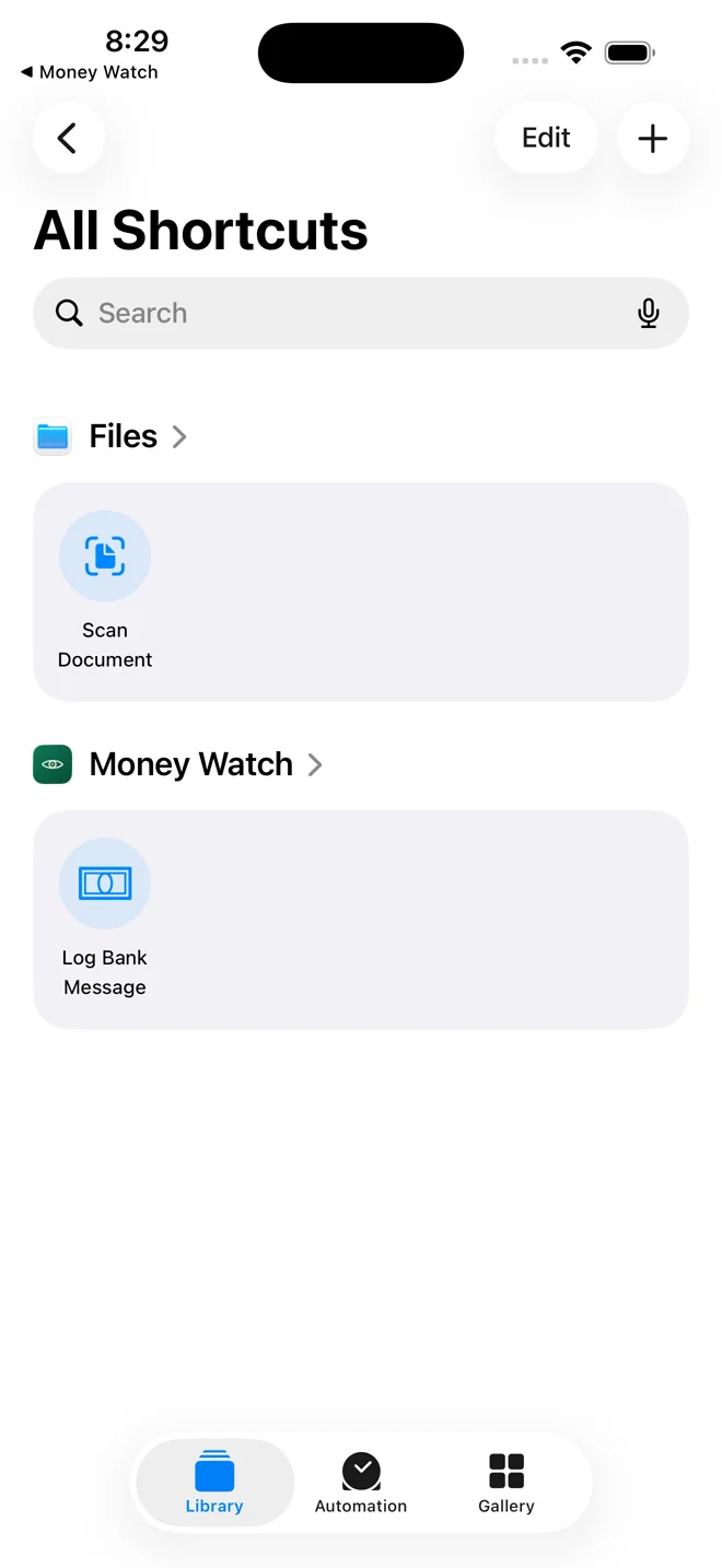 The Shortcuts app, with Log Bank Message already listed under Money Watch