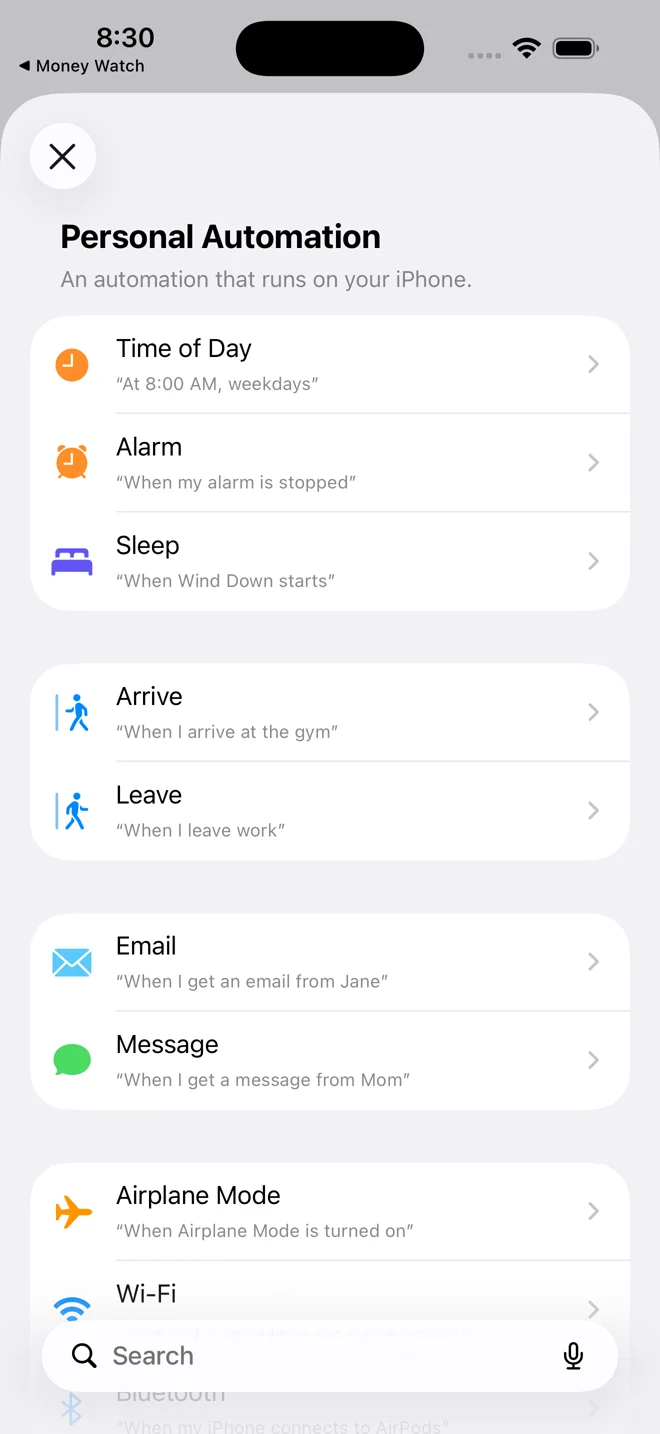 Shortcuts, step 3: Choose Message