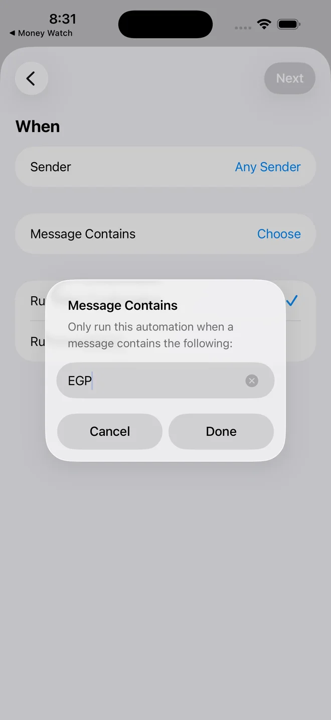 Shortcuts, step 5: Type EGP