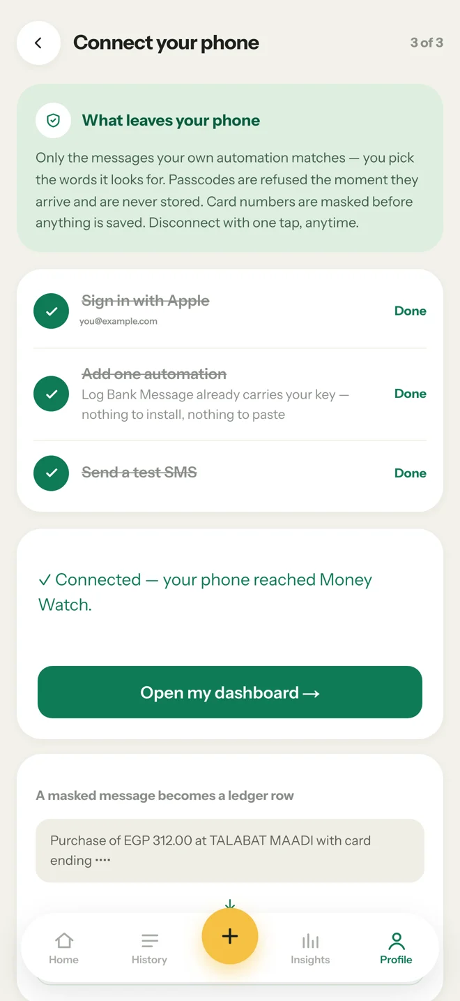 The Setup guide in Money Watch, its box turned green: Connected